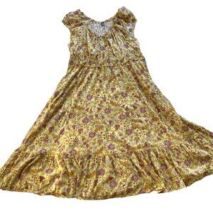 Old Navy Maxi Dress Women XXL Yellow Floral Smocked Ruffle Peasant Boho Cottage‎